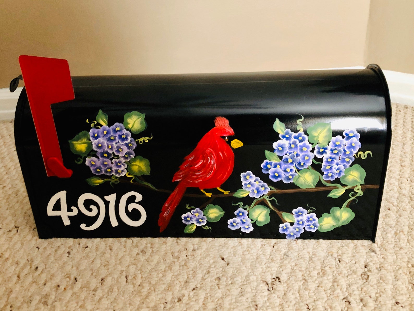 Cardinal Bird Hand Painted Mailbox with Purple Hydrangeas Etsy