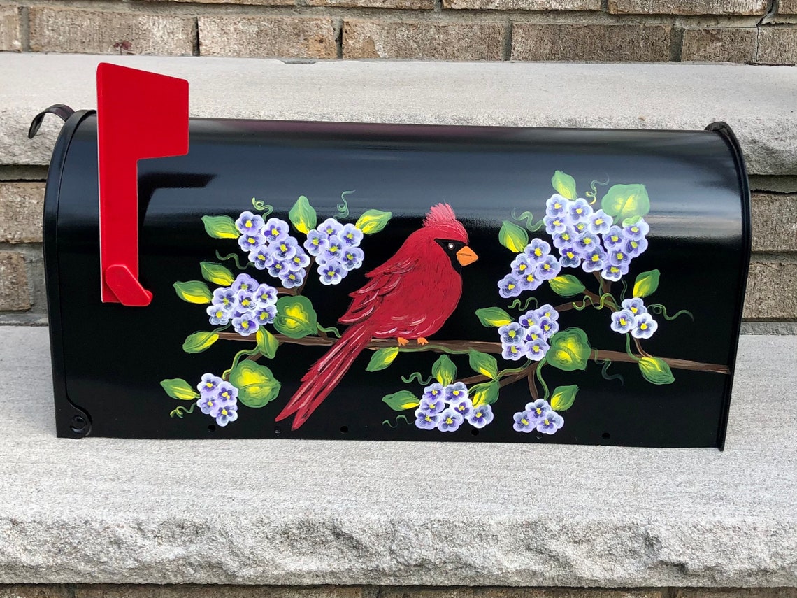 Cardinal Bird Hand Painted Mailbox with Purple Hydrangeas Etsy