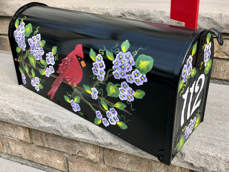 Cardinal Bird Hand Painted Mailbox with Purple Hydrangeas Etsy
