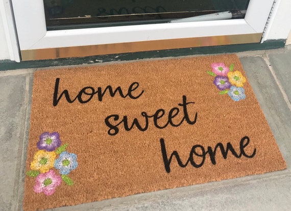 Home Sweet Home Doormat With Colorful Flowers Spring Doormat Etsy
