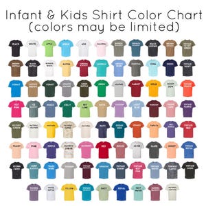 May include: Color chart for infant and kids shirts, showing a variety of colors, including black, white, apple, aqua, ash, ballerina, bamboo, bermuda, brown reptile, blended white, cardinal, caribbean, charcoal, chill, denim, vintage navy, cobalt, coyote brown, forest, granite heather, green reptile, green, heather, garnet, gold, honey dew, vintage orange, hot pink, ice blue, indigo, kelly, key lime, latte, lavender, light blue, maroon, mauve, vintage purple, military green, natural heather, mustard, natural camo, natural, navy, ocean side, orange, papaya, pro purple, vintage red, peachy, pine, purple, rainbow stripe, raspberry, red, rouge, silver, slate, sunset, vintage royal, storm camo, surf blackout, trade wind, vintage burgundy, turquoise, vintage denim, vintage hot pink, vintage indigo, vintage camo, vintage smoke, wisteria, white reptile, yellow, vintage sage, royal, salt water, sangria blackout, natural leopard.