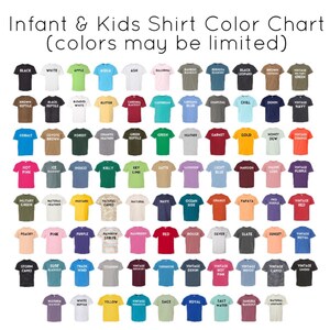 May include: Colour chart for infant and kids shirts, showing a variety of colours, including black, white, apple, aqua, ash, ballerina, bamboo, bermuda, brown reptile, blended white, cardinal, caribbean, charcoal, chill, denim, vintage navy, cobalt, coyote brown, forest, granite heather, green reptile, green, heather, garnet, gold, honey dew, vintage orange, hot pink, ice blue, indigo, kelly, key lime, latte, lavender, light blue, maroon, mauve, vintage purple, military green, natural heather, mustard, natural camo, natural, navy, ocean side, orange, papaya, pro purple, vintage red, peachy, pine, purple, rainbow stripe, raspberry, red, rouge, silver, slate, sunset, vintage royal, storm camo, surf blackout, trade wind, vintage burgundy, turquoise, vintage denim, vintage hot pink, vintage indigo, vintage camo, vintage smoke, wisteria, white reptile, yellow, vintage sage, royal, salt water, sangria blackout, natural leopard.