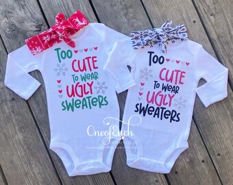 Too Cute To Wear Ugly Sweaters Baby Girl Christmas Outfit Includes Headband