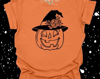 Witch Hat Floral Pumpkin Spooky Season Halloween Bodysuit/Tee