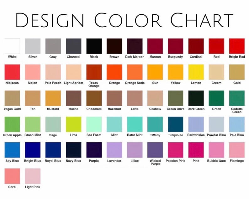 May include: A design color chart with a variety of colors, including white, black, red, blue, and green. The chart displays color names such as "Hibiscus," "Sky Blue," and "Mustard."