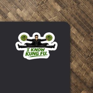 May include: A sticker featuring a character in a black suit and sunglasses performing a split while holding bright green pom-poms. Below the character, the text "I KNOW KUNG FU." is printed in bold green capital letters against a white background.
