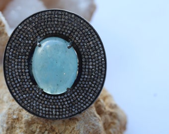 Ring Diamond Sterling Pave Diamond Sterling Silver Black Rhodium  W/Aquamarine Stone Ring