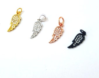 Small Wing Charm with Micro Pave Zircon 6 X 19.5 MM (Silver , Gold , Rose Gold , Black Rhodium Plated ) +