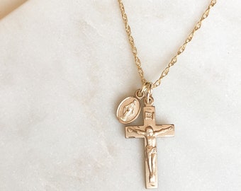 SET: Crucifix and Miraculous Medal Necklace in gold-filled or sterling silver, Gift for Catholic Woman, Catholic Jewelry