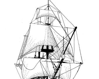 Tall Ship - original drawing, hand drawn nautical pen and ink drawing