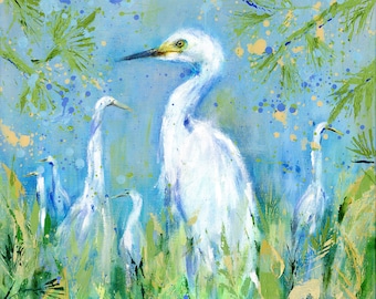 Heron Painting Emerging Egrets, Fine art giclee egret print from original egret painting