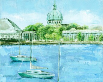 May include: A painting of three sailboats on a blue body of water with a green domed building in the background.