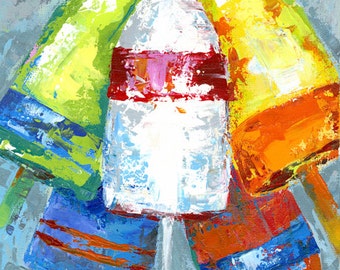 May include: A painting of five colorful buoys hanging from a rope. The buoys are painted in shades of green, white, yellow, orange, and red. The buoys are all different sizes and shapes.