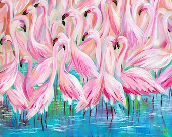 Flamingo Mingle: Fine art flamingo giclee  print from original acrylic flamingo painting