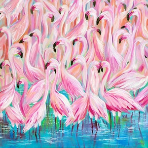 Flamingo Mingle: Fine art flamingo giclee  print from original acrylic flamingo painting