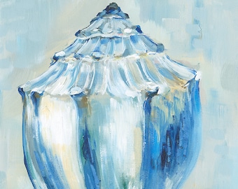May include: A blue and white seashell painted in a watercolor style. The shell is a cone shape with a pointed tip and a wide opening. The background is a light blue.