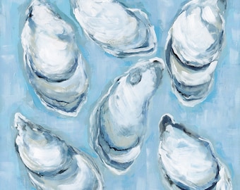 Arte de ostras mixtas: ostras de colonia marina, impresión giclée de bellas artes a partir de una pintura acrílica original sobre ostras.