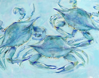 Crab Trio: Threes a Charm,  Fine art giclee crab print from original acrylic painting of three Blue Crabs