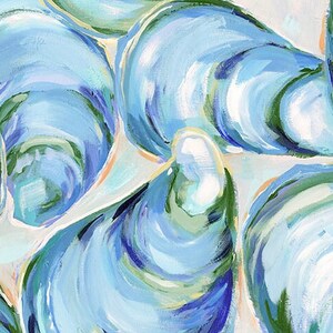 May include: A close-up of a painting of blue, green, and white oyster shells. The shells are painted in a swirling, abstract style.