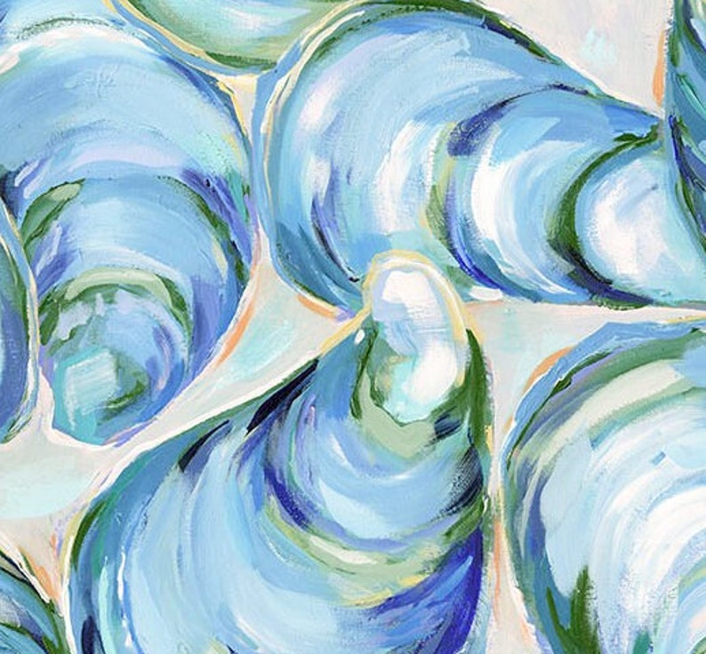May include: A close-up of a painting of blue, green, and white oyster shells. The shells are painted in a swirling, abstract style.