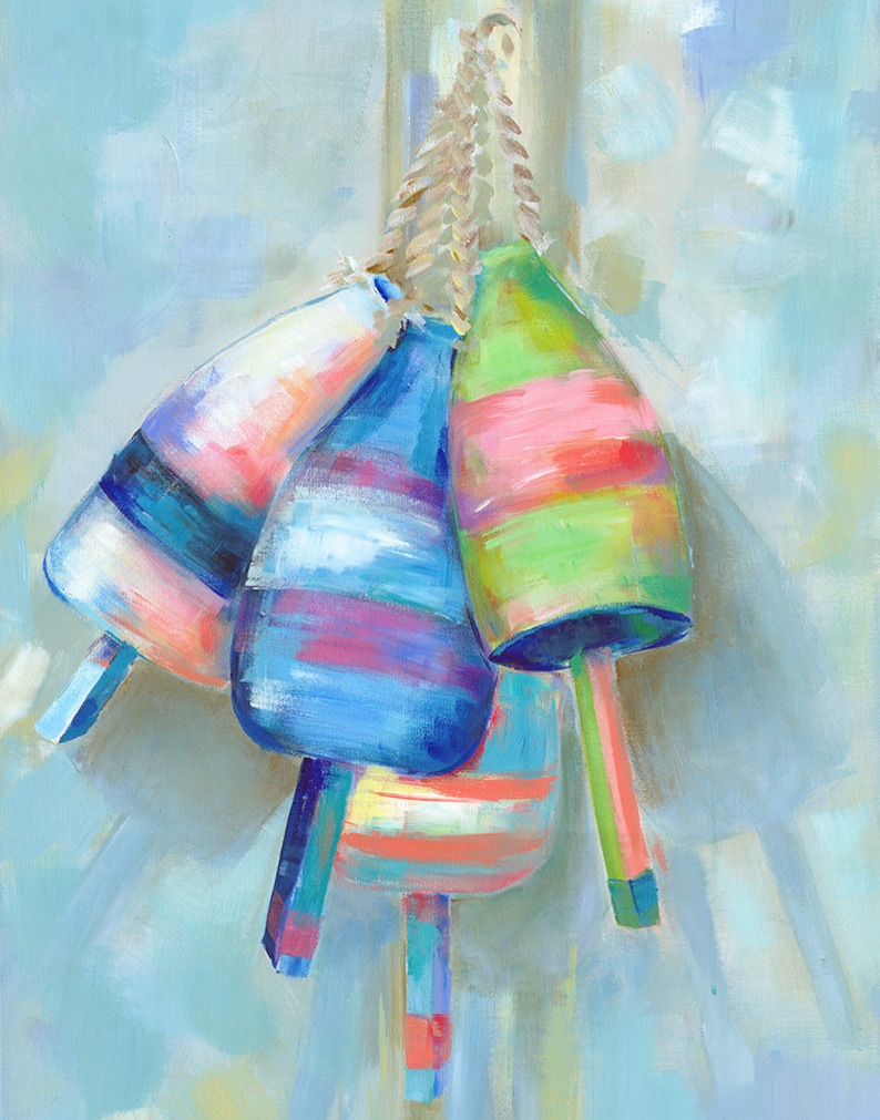 May include: Four colorful striped nautical buoys hanging from a rope on a light blue background.