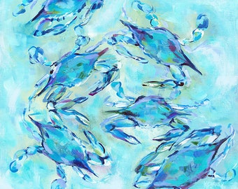 Crab Medley Art: Bay Bluetifuls,  Fine art giclee crab print from original acrylic crab painting