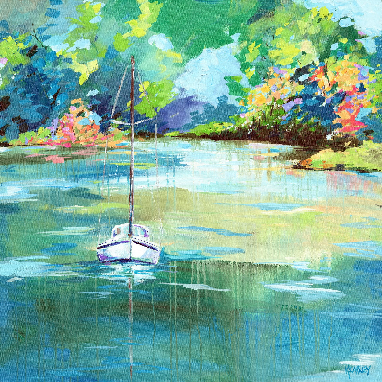 Spring Is In The Air: Fine art giclee Sailboat print from original acrylic sailboat painting - 12 x 12 inches