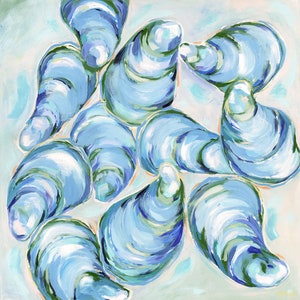 May include: A painting of blue and white oyster shells on a light blue background. The shells are arranged in a circular pattern and have a textured, organic look.
