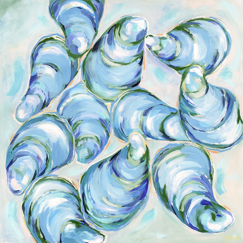 May include: A painting of blue and white oyster shells on a light blue background. The shells are arranged in a circular pattern and have a textured, organic look.