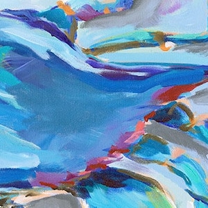 May include: Abstract painting with a palette of blues, purples, and oranges. The artwork features broad brushstrokes and a textured appearance, creating a dynamic and expressive composition. The colors blend and overlap, suggesting a landscape or seascape.