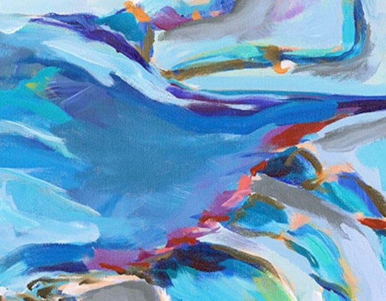May include: Abstract painting with a palette of blues, purples, and oranges. The artwork features broad brushstrokes and a textured appearance, creating a dynamic and expressive composition. The colors blend and overlap, suggesting a landscape or seascape.