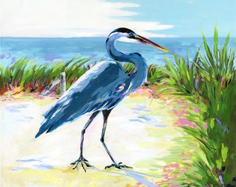 Heron Away From It All: Blue heron print from original blue heron painting