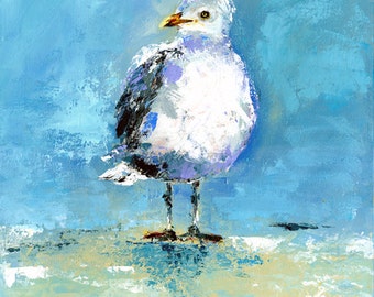 Impresión artística de gaviota en la orilla, pintura acrílica original de gaviota.