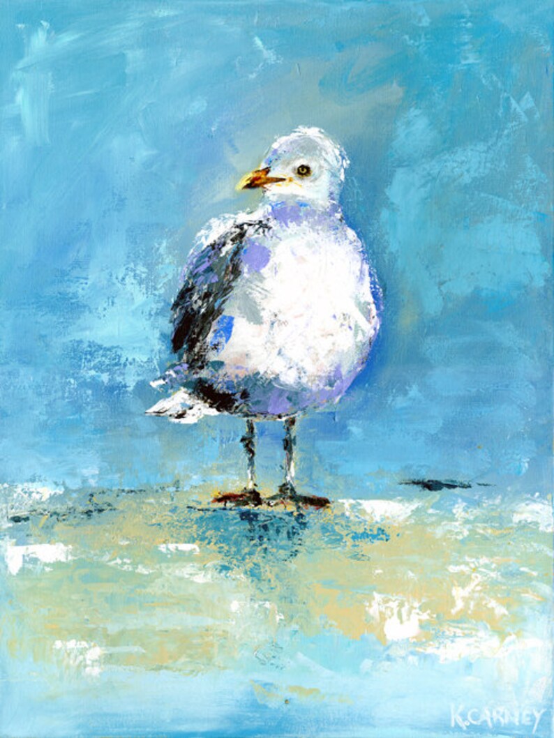May include: An original painting of a seagull. The bird is depicted with white, gray, and black feathers, a yellow beak, and orange feet. The background is a blend of blue and white brushstrokes, creating a textured effect. The artwork is signed by the artist.
