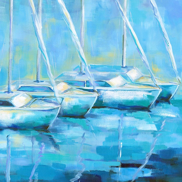 Reflections on the River, Portrait: Fine art Giclee sailboat print from original acrylic sailboat painting