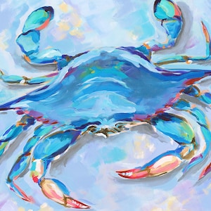 May include: A vibrant painting of a blue crab. The crab is depicted in shades of blue, with accents of red, pink, and yellow. The artwork has a textured, painterly style, with visible brushstrokes. The crab's claws are extended, and the background is a light blue.