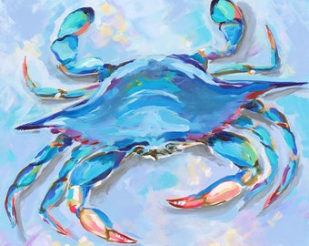 May include: A painting of a blue crab in shades of blue, red, and yellow. The crab has a textured, painterly style with visible brushstrokes. The claws are extended, and the background is a light blue. The artwork is a colourful depiction of a marine animal.