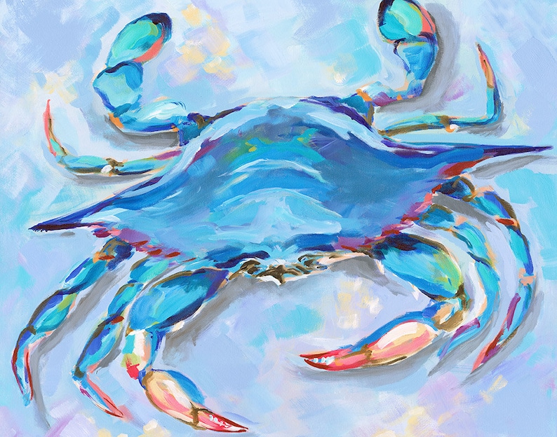 May include: A vibrant painting of a blue crab. The crab is depicted in shades of blue, with accents of red, pink, and yellow. The artwork has a textured, painterly style, with visible brushstrokes. The crab's claws are extended, and the background is a light blue.