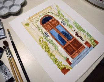 Original Watercolor of  A Beautiful Doorway Surrounded with Vines 8x10"