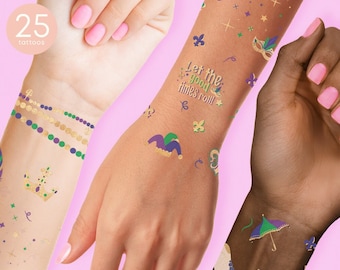 Flash Tattoos Mardi Gras Magic temporary tattoos | 25 tats | NOLA | Fleur de Lis | Mardi Gras parade | Metallic tattoo | Tattoo sticker