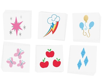 May include: Six sheets of temporary tattoos featuring My Little Pony characters. Each sheet has a different character: Twilight Sparkle, Rainbow Dash, Pinkie Pie, Fluttershy, Applejack, and Rarity.