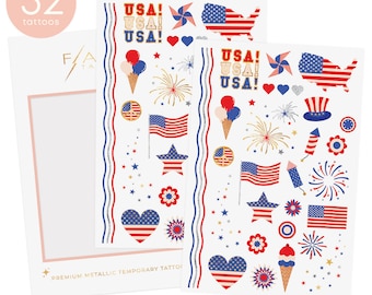 Flash Tattoos USA temporary tattoos | 52 tats | Fourth of July Decorations, Red White and Blue party, Memorial Day, Olympic party, USA flag