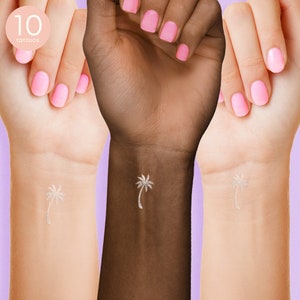 Juego de 10 tatuajes temporales de palmera plateada, premium, impermeables, de inspiración tropical, color plateado metálico / Tatuaje temporal / Luau imagen 2