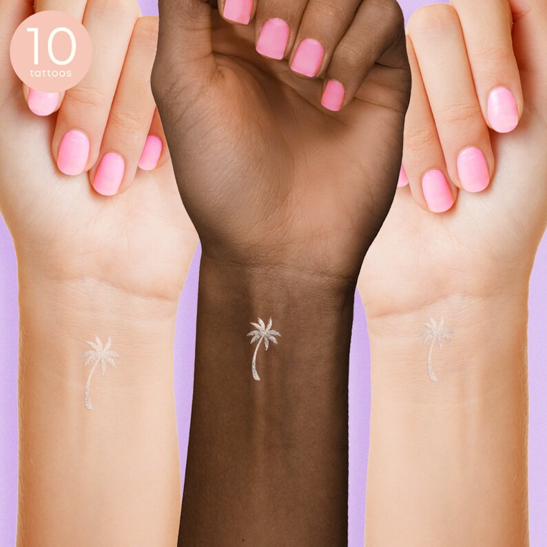 Juego de 10 tatuajes temporales de palmera plateada, premium, impermeables, de inspiración tropical, color plateado metálico / Tatuaje temporal / Luau imagen 2