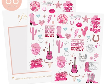 Flash Tattoos DISCO COWGIRL BACHELORETTE temporary tattoos | 66 foil styles | Nashville bach, western bachelorette, Last Rodeo, Party favors