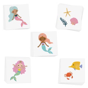 May include: A set of temporary tattoos featuring mermaids, seashells, starfish, and other ocean-themed designs. The tattoos are printed on white paper and come in a variety of colors.