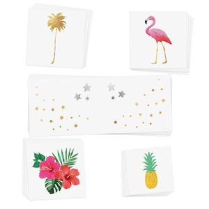 May include: A set of temporary tattoos featuring a variety of tropical designs, including a palm tree, a flamingo, a pineapple, and hibiscus flowers. The tattoos also include gold and silver glitter stars.