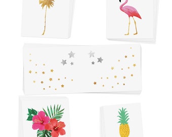 El juego variado SUMMER LOVIN' incluye 25 tatuajes temporales metálicos variados inspirados en la playa: tatuaje tropical, playa, flamenco.