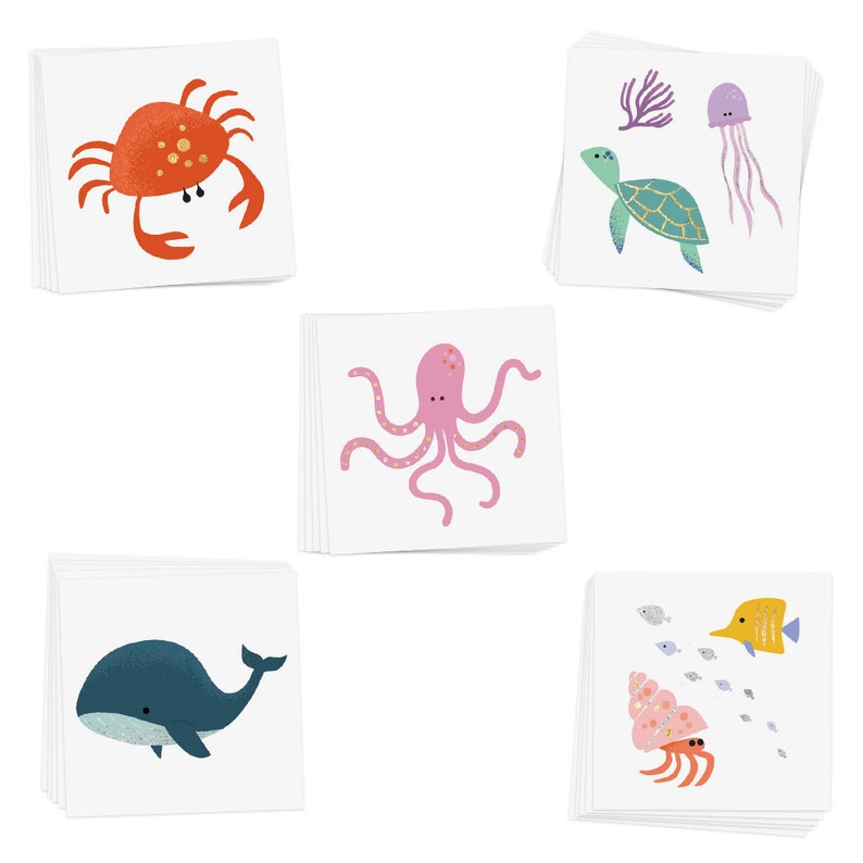 May include: A set of 10 sheets of temporary tattoos featuring various sea creatures, including a crab, octopus, turtle, jellyfish, whale, and fish. The tattoos are colorful and whimsical, perfect for adding a touch of fun to any occasion.