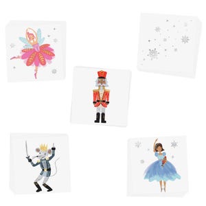 May include: Set of six white cards with illustrations of characters from the Nutcracker ballet. The cards feature a ballerina in a pink tutu, a nutcracker soldier, a mouse in a blue and white costume, and a ballerina in a blue tutu. The cards are perfect for a holiday party or as a gift for a ballet lover.